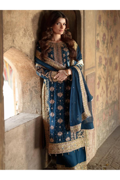 MYSMAR Blue Georgette Top Bottom Dupatta - HRT4448 | Blue