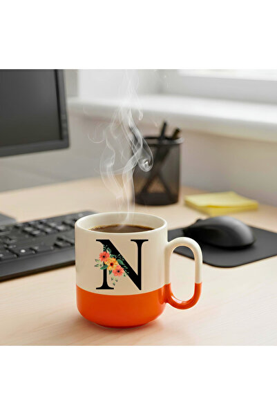 Dekor Çiçekli N Harfi Tasarımlı-Kişiye Özel Seramik Kupa