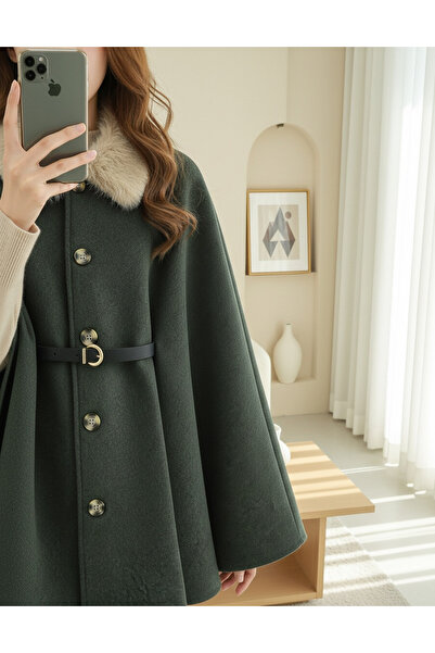 MissRunin Yakası Kürklü Beli Kemerli Düğmeli Kaşe Panço