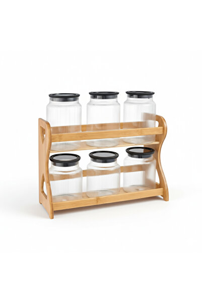 Urbanza 6 Glass Storage Jars Set with Black Lids & Wooden Rack – Kitchen Counter Organizer
