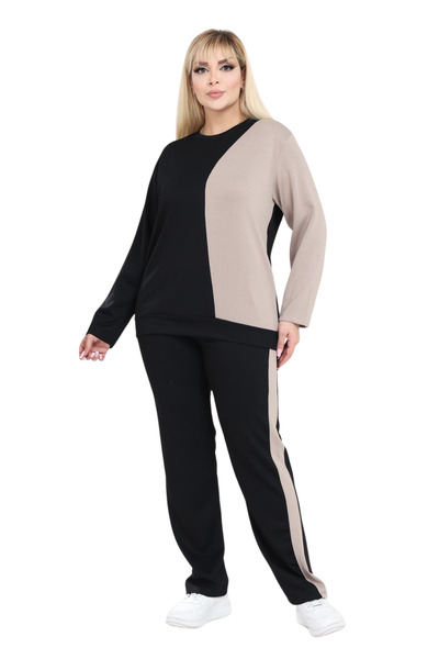 MELSAY Women's Plus Size Black-Beige Color Block Modal Tracksuit Set