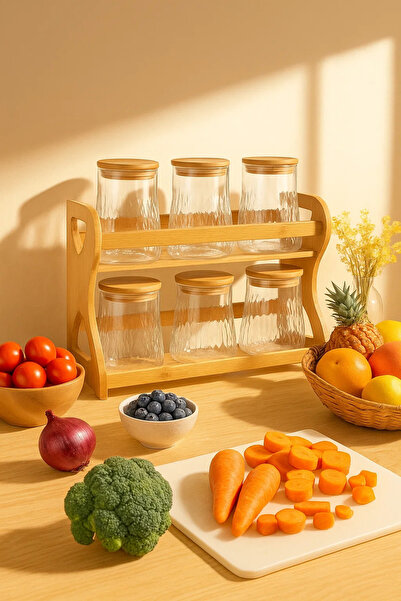 Urbanza 6 Glass Storage Jars Set with Bamboo Lids & Wooden Spice Rack – Kitchen Organizer