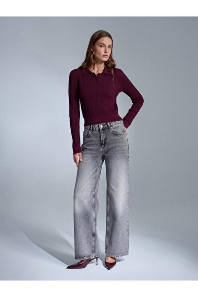 Dilvin 10827 Polo Neck Button. Lace-Like Knit Knitwear Sweater