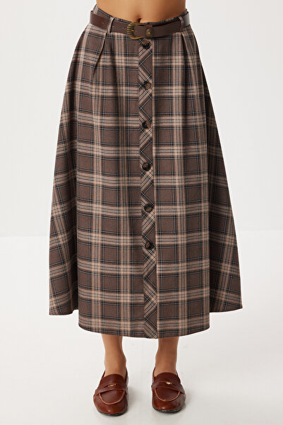 Lovelyİstanbul Belted Checkered Midi Polyviscose Skirt Lrg0047 Brown