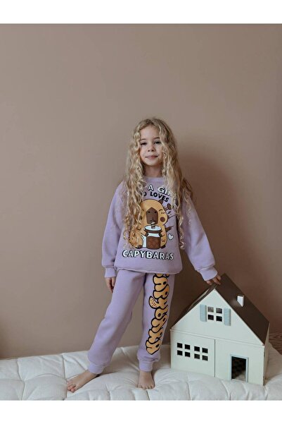 ARBİ kids Κοριτσίστικο σετ καπιμπάρα με τρία νήματα επένδυση fleece χειμερινό μαλακό διπλό σετ μωβ