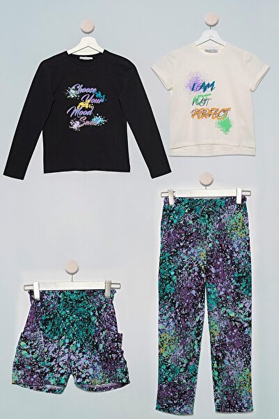 FOR YOU MODA 4-teiliges Set aus schwarzem Batik-T-Shirt und Shorts