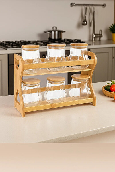 Urbanza 6 Glass Jars with Bamboo Lids & Wooden Rack – Kitchen Spice Storage Organizer Set