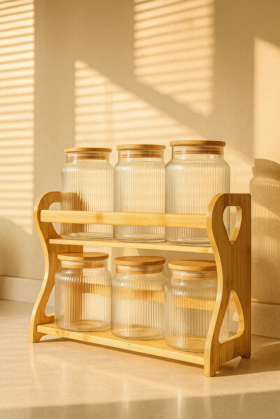 Urbanza 6 Ribbed Glass Jars with Bamboo Lids & Wooden Rack – Kitchen Storage Organizer Set
