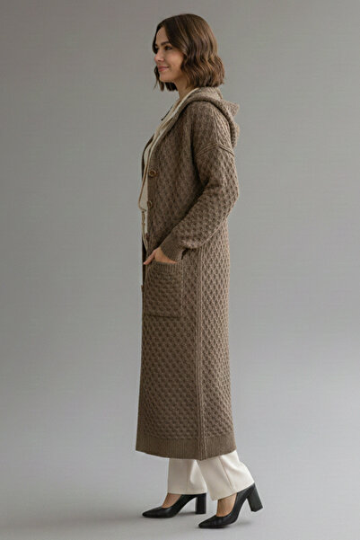 benguen Hooded Patterned Long Knitwear Cardigan R4328 Mink