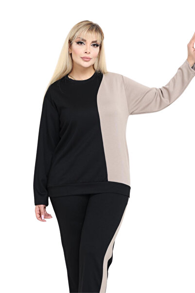 MELSAY Women's Plus Size Black-Beige Color Block Modal Tracksuit Set