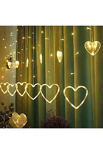 FAM Led Perde Dekoratif Fişli Kalpli Saçaklı 12 Adet Kalp