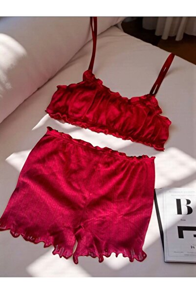 dem merys Red Ribbed Knit Askili Shorts Bottom Top Set