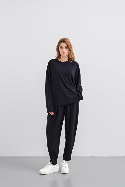 Basicpark Dark Navy Blue Women's Soft Textured Premium Modal Fabric Top and Bottom Set