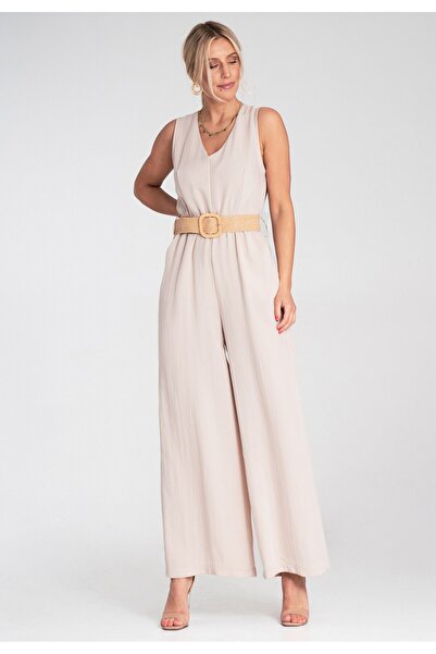 Figl Women's Loose-Fit Jumpsuit - Jumpsuit with Belt - Beige M1193 size L/XL