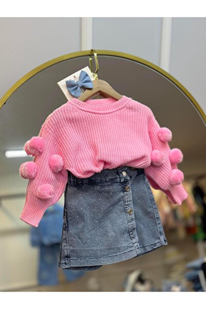 ArdenKids 3-8 Yaş Pembe Ponpon Kol Triko Kazak & Jean Şortlu Taş Detaylı Etek...