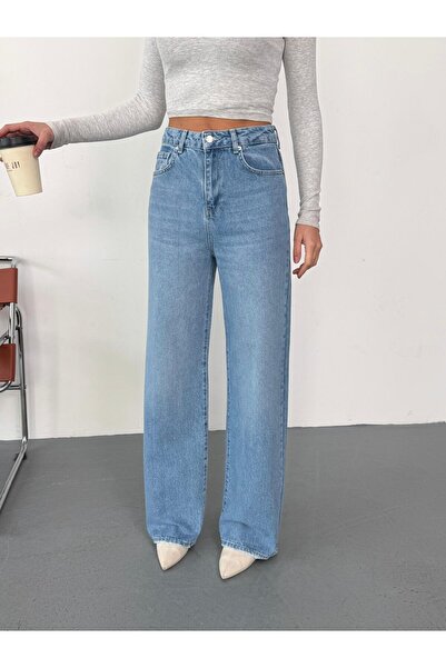 XBELLA DENİM Women's Blue Washed Wide-Leg Jean High-Waisted Wide-Leg Jeans