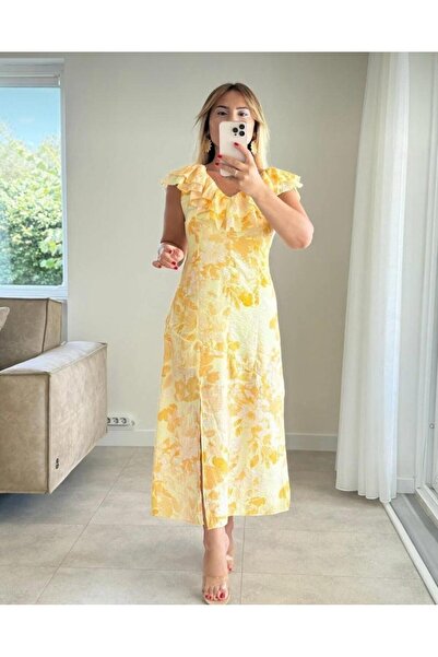 hedef giyim Ruffle Detailed Slit Floral Dress