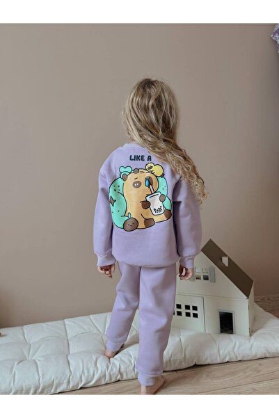 ARBİ kids Κοριτσίστικο σετ καπιμπάρα με τρία νήματα επένδυση fleece χειμερινό μαλακό διπλό σετ μωβ