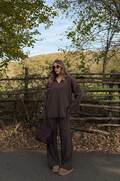 Laluvia Brown Polo Neck Knitwear Set - 4588