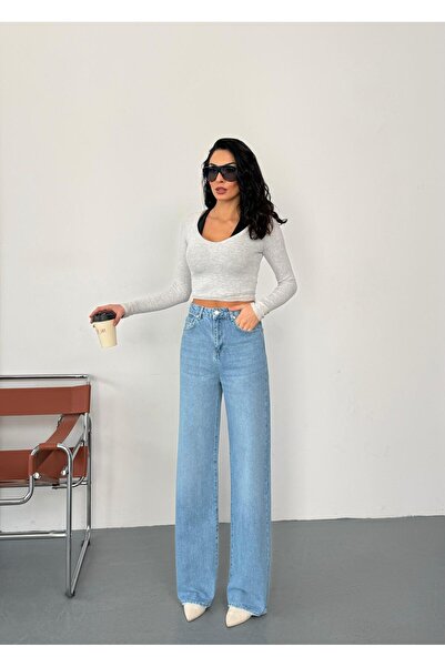 XBELLA DENİM Women's Blue Washed Wide-Leg Jean High-Waisted Wide-Leg Jeans