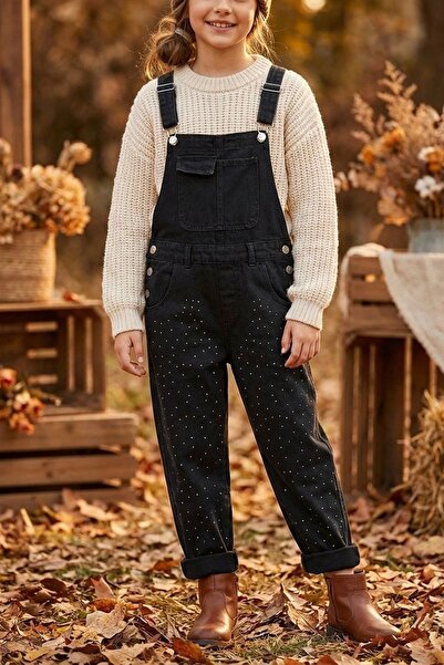 Minigimin Cicileri My Little One's Stone Detailed Denim Girl's Salopet - Black