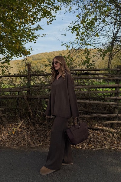 Laluvia Brown Polo Neck Knitwear Set - 4588