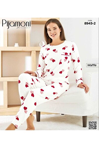 Pijamoni KADIN WAFFLE BEYAZ KIRMIZI KALP DESENLİ KADIN PİJAMA TAKIMI