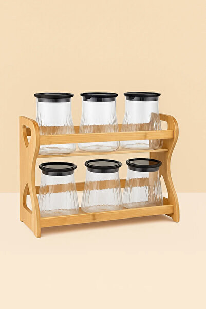 Urbanza 6 Glass Storage Jars with Black Lids & Wooden Rack – Kitchen Spice Organizer Set