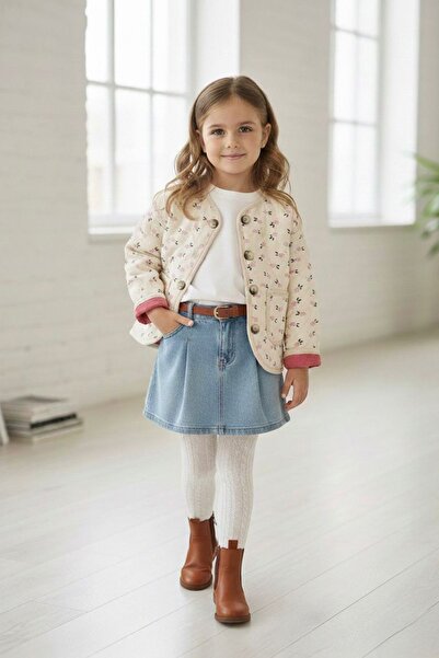 Minigimin Cicileri My Little One's Cicileri Floral Patterned Girl's Cotton Quilted Cardigan - Cream