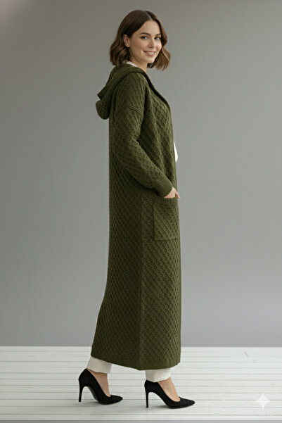benguen Hooded Patterned Long Knit Cardigan R4328 Khaki