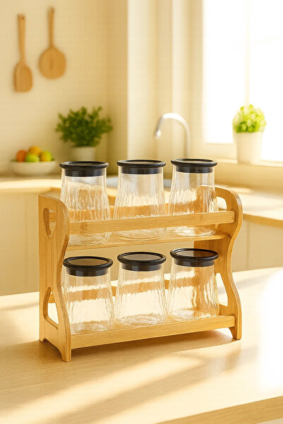 Urbanza 6 Glass Storage Jars with Black Lids & Wooden Rack – Kitchen Spice Organizer Set