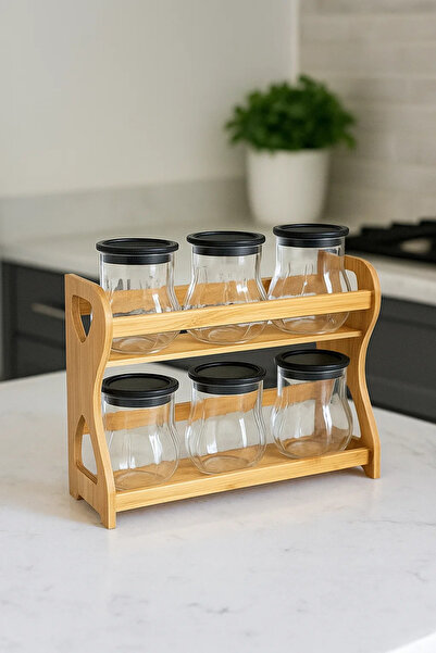 Urbanza 6 Glass Jars with Black Lids & Wooden Rack – Kitchen Spice Storage Organizer Set