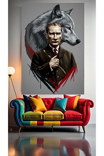 özkacar ÖZEL CİZİM ATATÜRK VE KURT KANVAS TABLO EV DEKARASYON HEDİYELİK DUVAR...