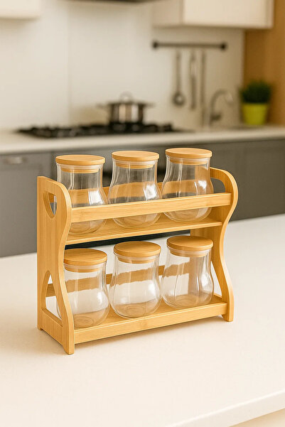 Urbanza 6 Glass Jars with Bamboo Lids & Wooden Rack – Kitchen Spice Storage Organizer Set
