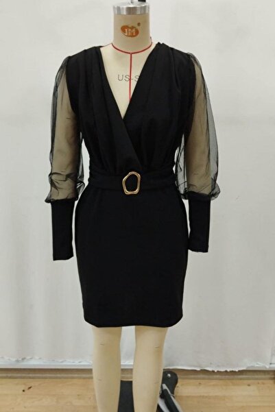 Mossta Double-Breasted Mini Imported Crepe Dress with Collar Belt - Black