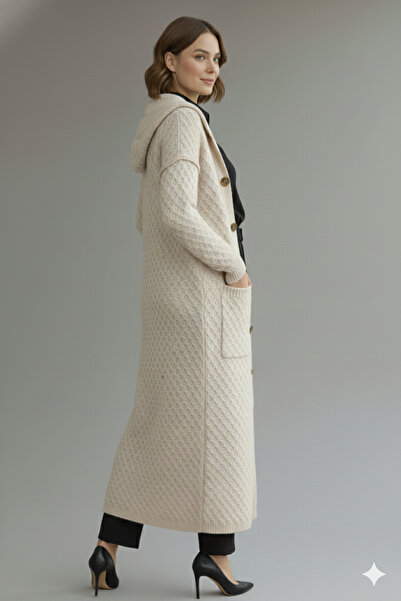 benguen Μακρύ πλεκτό πουλόβερ με κουκούλα R4328 Χρώμα πέτρας