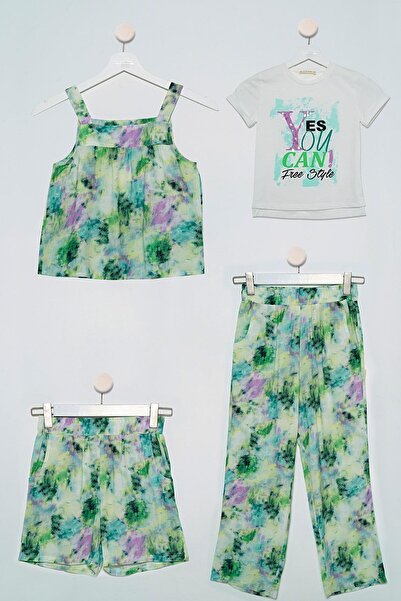 FOR YOU MODA 4-teiliges Set aus grüner Batikbluse, T-Shirt, Hose und Shorts