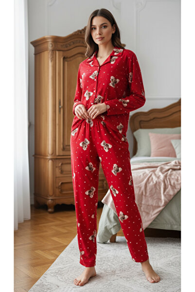 Fanwet Women's Suede Velvet Long Sleeve Red Teddy Bear Detailed Front Buttoned Shawl Collar Shirt Pajama Set