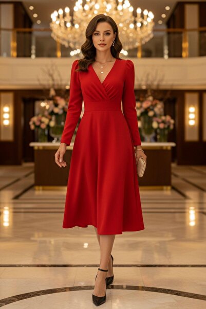 Mossta V-Neck Stylish Red Evening Dress Midi Dress