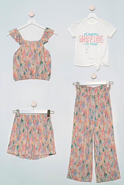 FOR YOU MODA 4-teiliges Set aus ecrufarbener, gemusterter Bluse, T-Shirt, Hos...