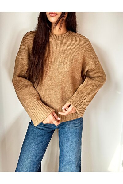Azimutgiyim Women's Crew Neck Oversized Knitwear Sweater Camel