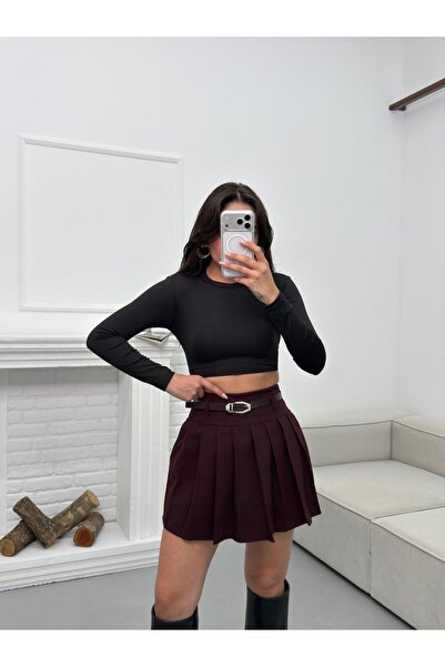 TİSHOOSTORE Women's Belted Shorts Lined Pleated Mini Skirt