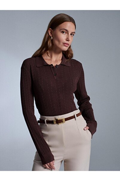 Dilvin 10827 Polo Neck Button. Lace-Like Knit Knitwear Sweater