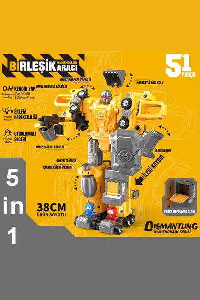craftivio 5 in 1 Dönüşen Robot İş Makineleri Seti - Sök Tak Parçalanabilir Eğ...