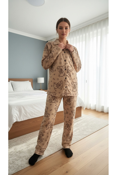 Fanwet Women's Suede Velvet Long Sleeve Brown Teddy Bear Detailed Front Buttoned Shawl Collar Shirt Pajama Set