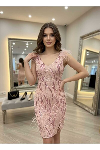 Andress Boutique Mini Alma Dress with Ostrich Feathers, Pink