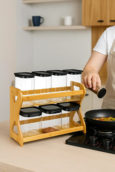 Urbanza 7 Rectangular Storage Jars with Black Lids & Wooden Rack – Kitchen Spice Organizer Set