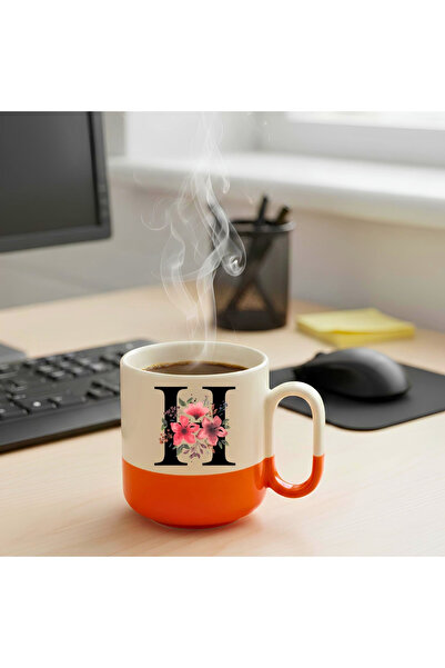 Dekor Çiçekli H Harfi Tasarımlı-Kişiye Özel Seramik Kupa