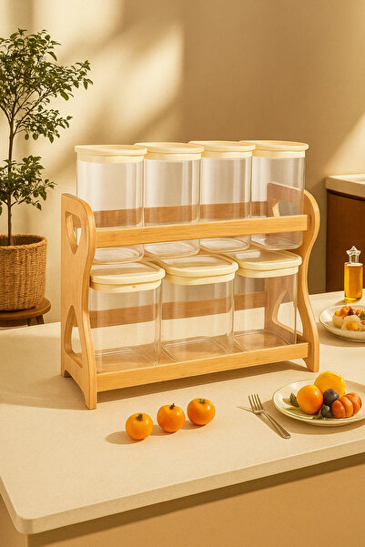 Urbanza 7 Round Storage Jars with Cream Lids & Wooden Rack – Kitchen Spice & Food Organizer Set