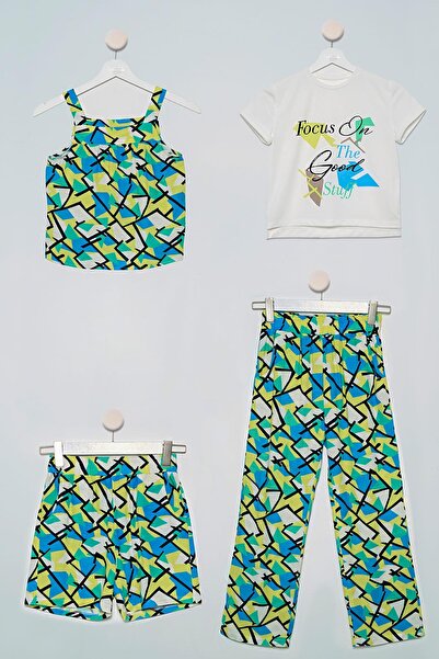 FOR YOU MODA 4-teiliges Set aus grünem T-Shirt, Bluse, Hose und Shorts